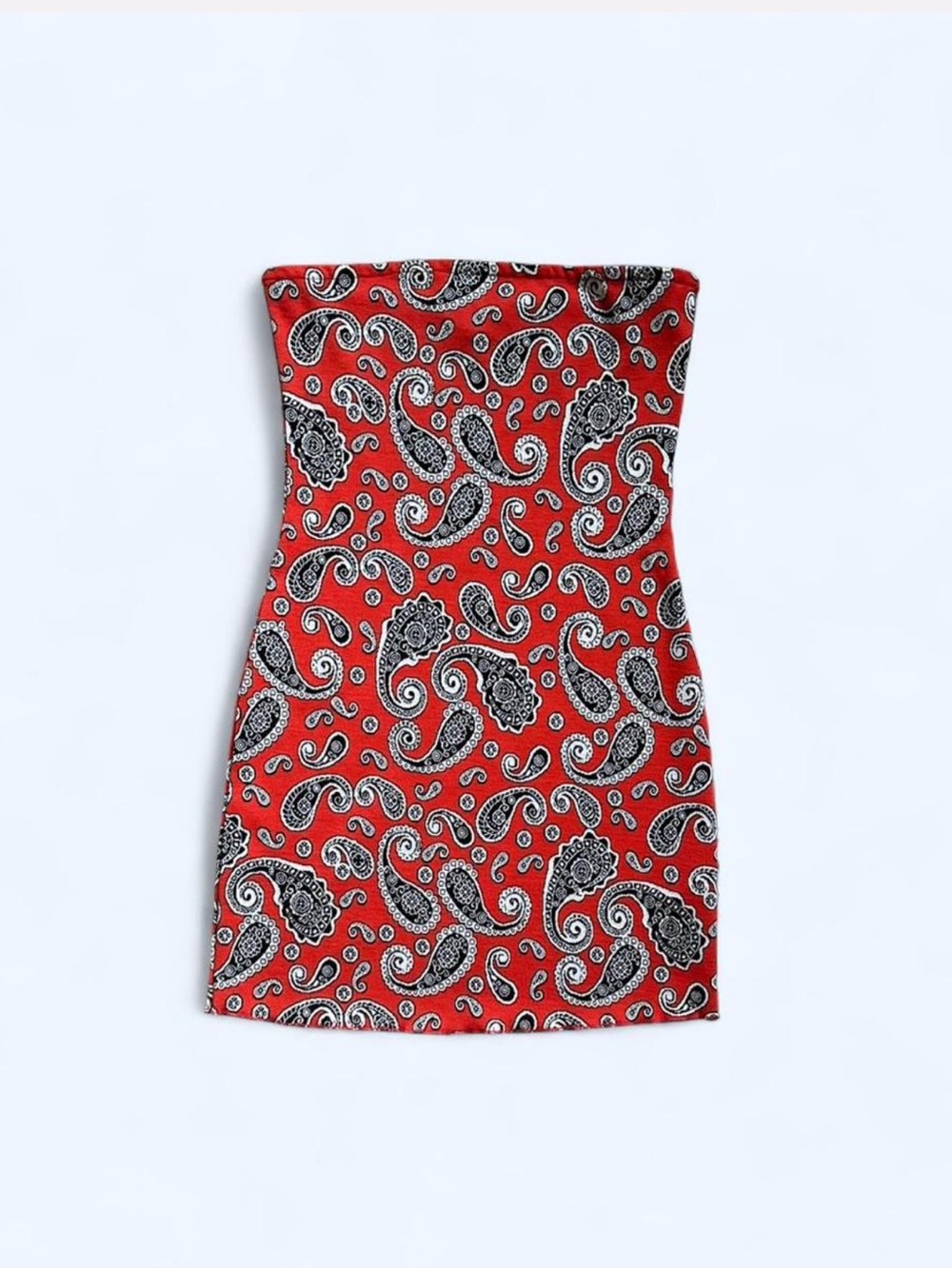 Red and Black Paisley mini strapless dress